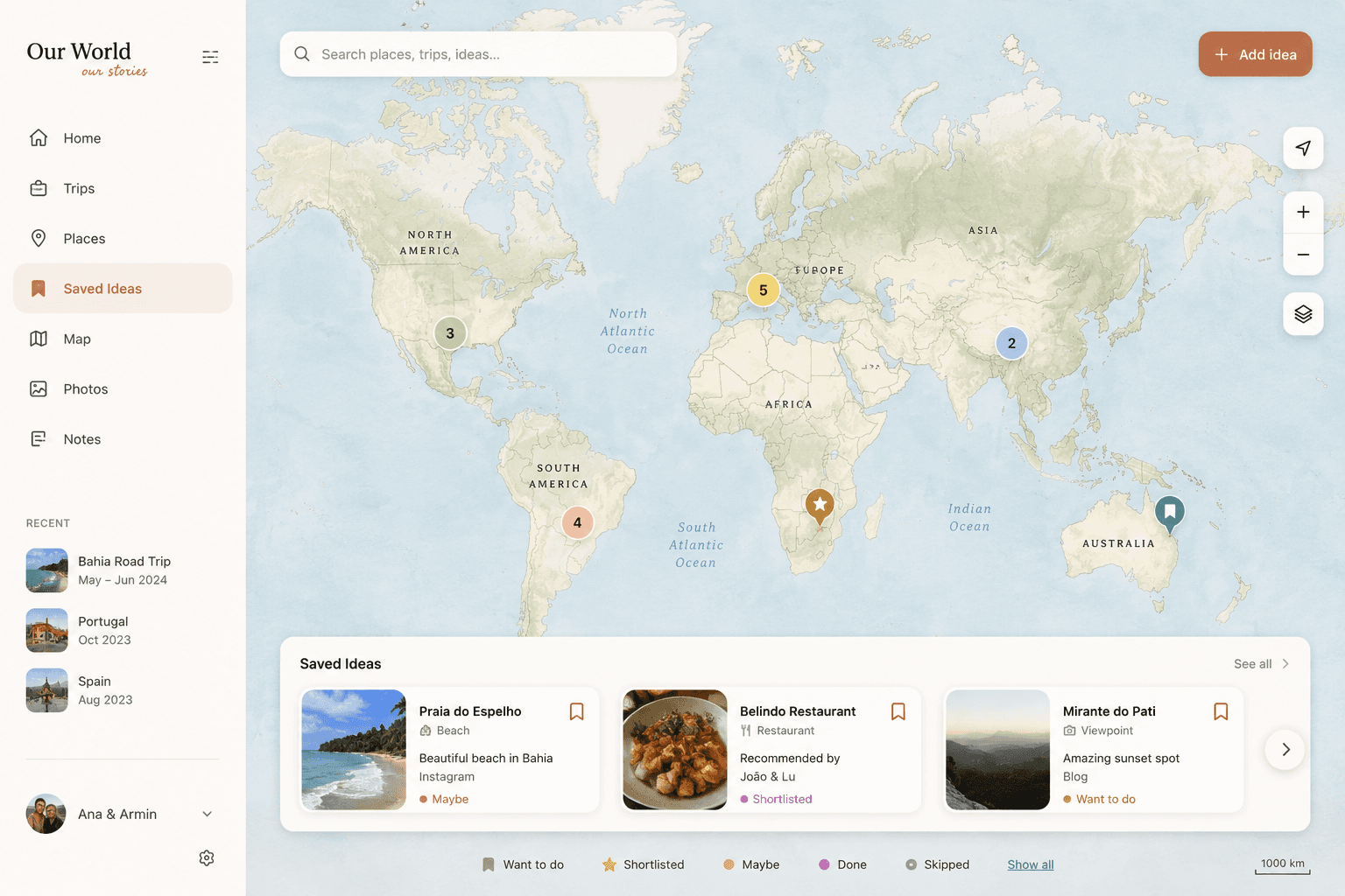 TripNTrack world map concept showing saved travel ideas and trips.